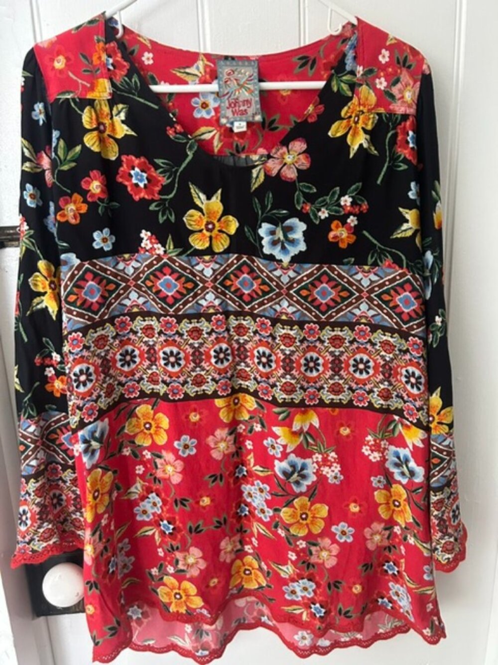Johnny Was Los Angeles Floral Patchwork V-Neck Top Tunic Long Sleeve Sz S